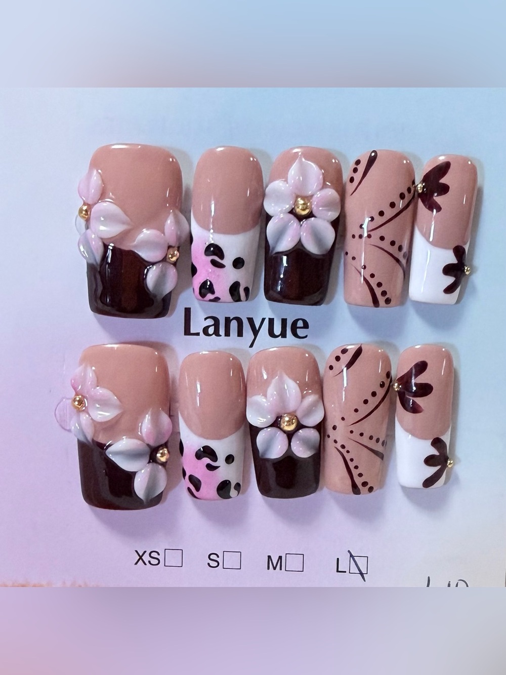 Pink Brown Floral Press-On Nail Set